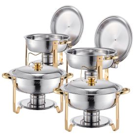 5 Qt 4 Pack Round Chafing Dish Buffet Set Full-Size Pan Stainless Steel Gold