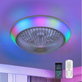 15 Inch RGB Dimmable LED Enclosed Ceiling Fan With Light, Modern Bladeless 6-speed Remote Control Suitable For Bedrooms, Children's Rooms, Partie (Color: White)